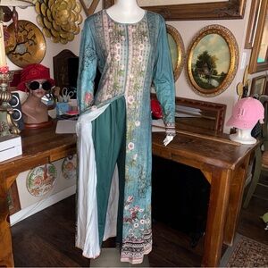 Floral Print Front Slit Maxi Dresses Wide Leg Pants 2pcs Set-Green sz M